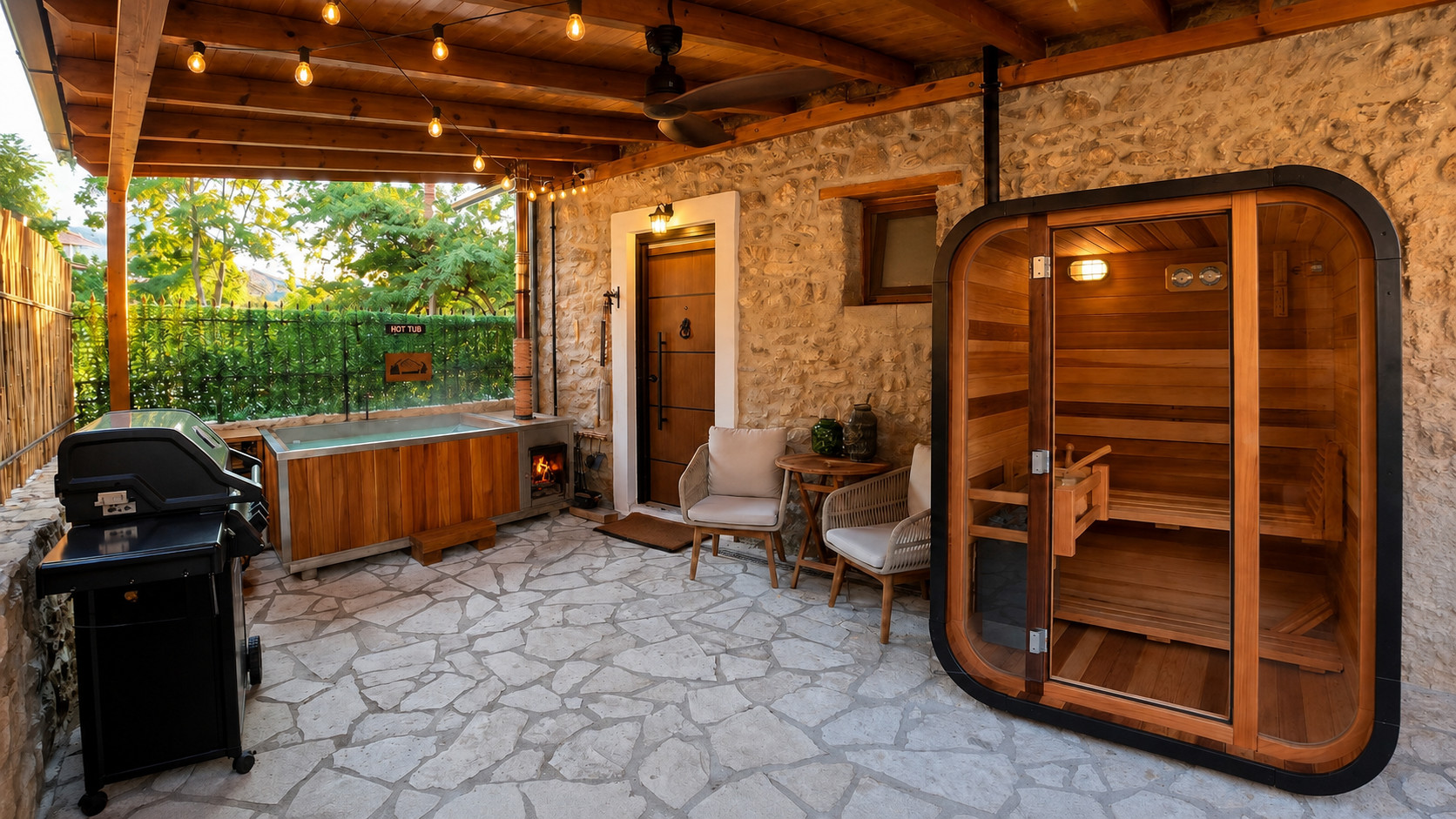 Ιδιωτική σάουνα από κόκκινο κέδρο δίπλα στο wood-fired hot tub του Chalet 1932