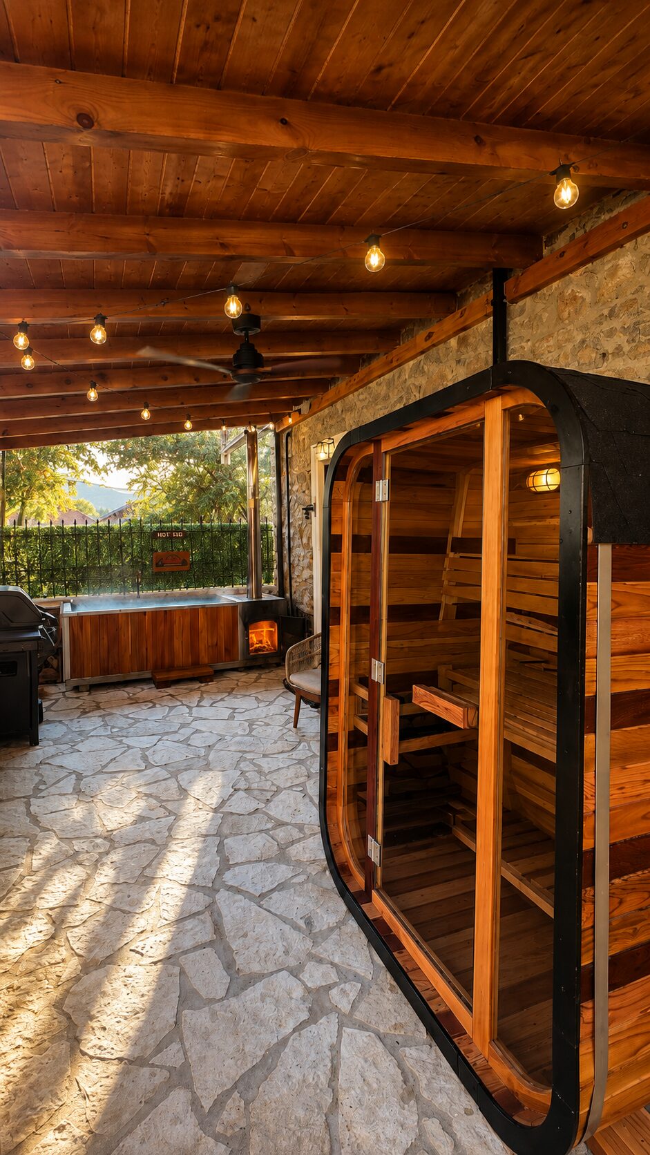 Ιδιωτική Red Cedar sauna δίπλα σε wood-fired hot tub με πραγματική φωτιά στο Chalet 1932